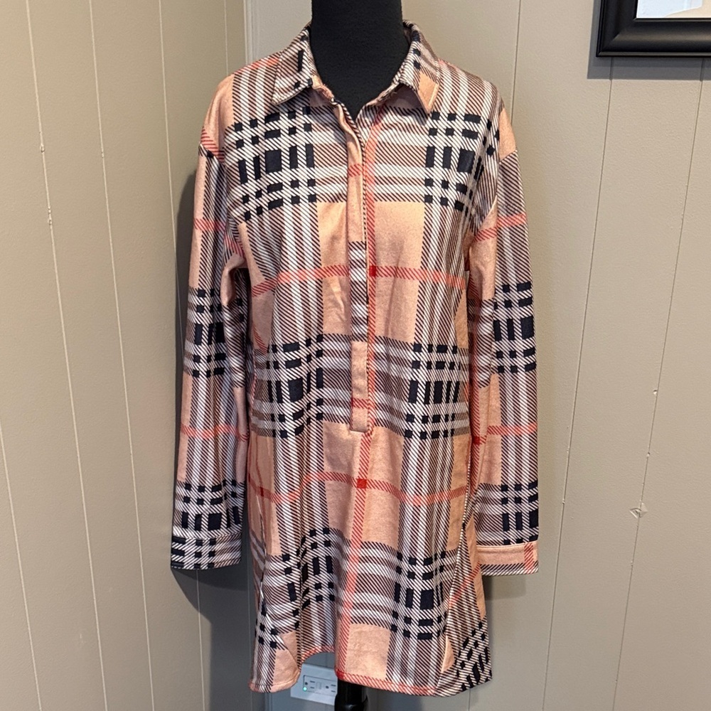 Made with Love Women’s Medium Plaid Longline Half Button-Down Long Shirt